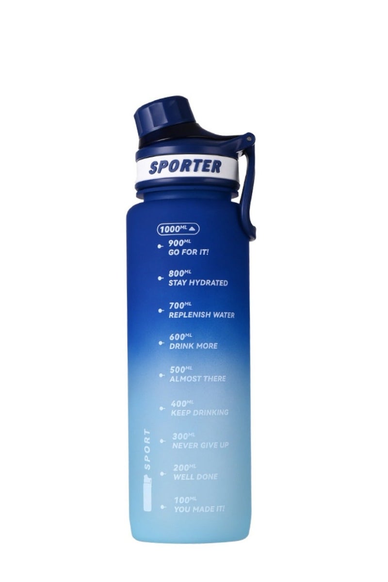 سبورتر زجاجة ماء رياضية بمؤشر للوقت خالية من مادة BPA ومضادة للتسرب، قابلة للحمل وإعادة الاستخدام، إبريق شرب للياقة البدنية والرياضة بسعة 1 لتر للرجال والنساء والأطفال والطلاب للتخييم والمكتب والمدرسة وصالة الألعاب الرياضية والتمارين الرياضية 1000 مل - Image 2