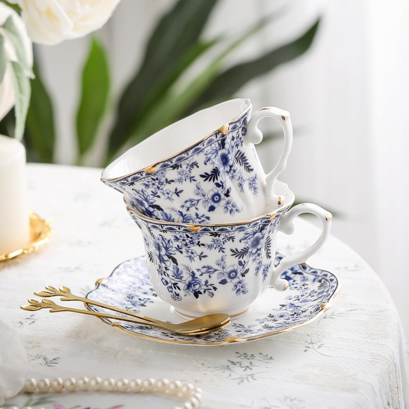 TATSUMI Country Roses Bone China Tea Cup and Saucer Set, 6 Pieces, Vintage Style, For Women and Tea Partiesï¼ˆQH, 2 SETSï¼‰ - Image 2