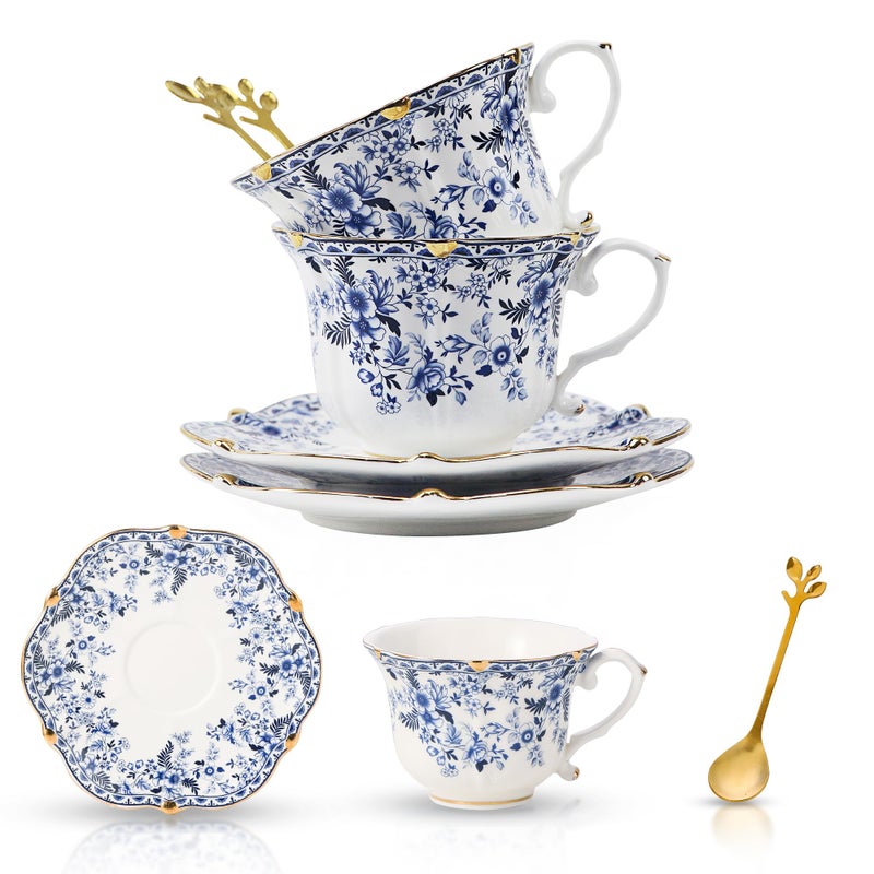 TATSUMI Country Roses Bone China Tea Cup and Saucer Set, 6 Pieces, Vintage Style, For Women and Tea Partiesï¼ˆQH, 2 SETSï¼‰ - Image 1