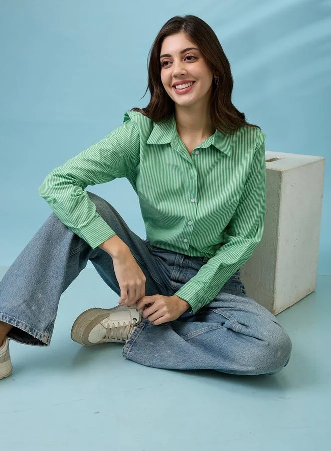 globus Globus Green Striped Cotton Regular Shirt