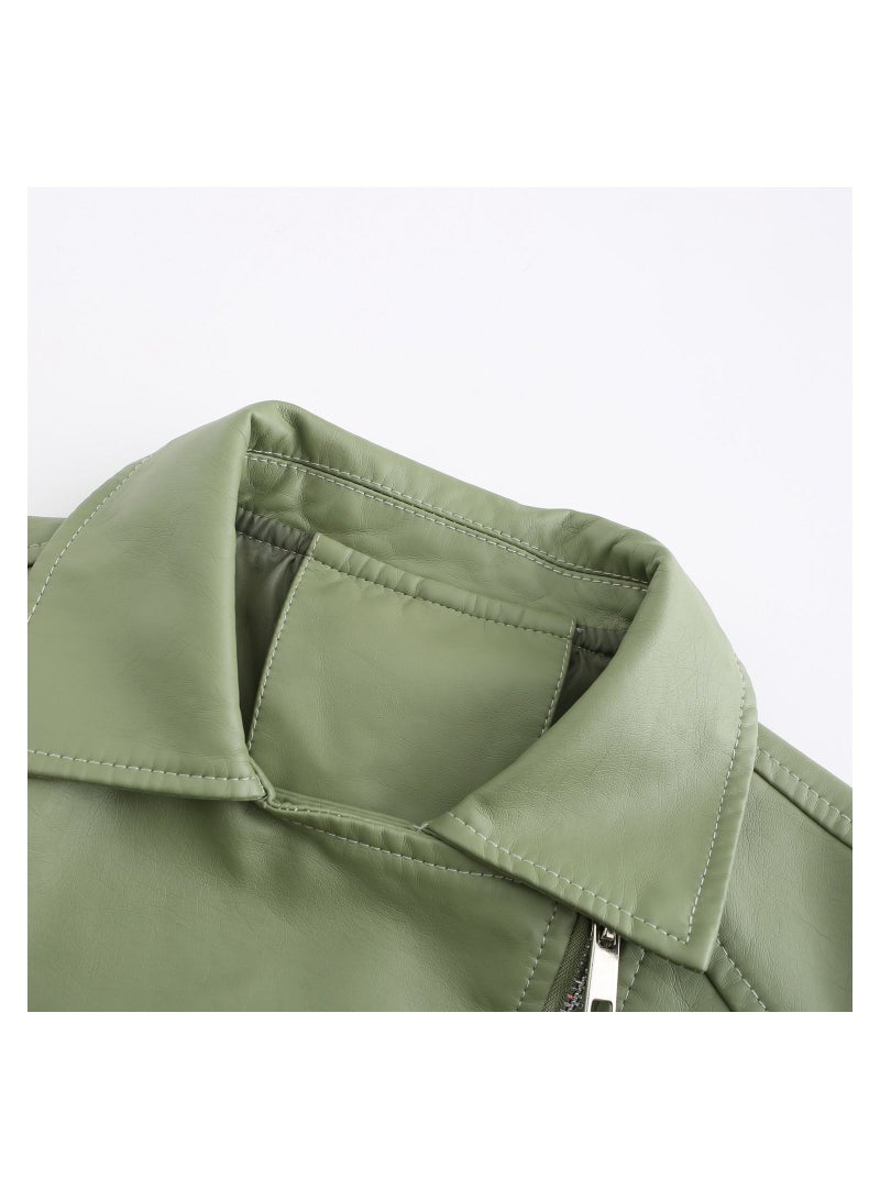 Loquat New Fashion Knitted Leather Coat with Strap Leather Coat Light Green - Image 2