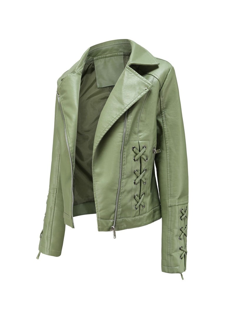 Loquat New Fashion Knitted Leather Coat with Strap Leather Coat Light Green - Image 1