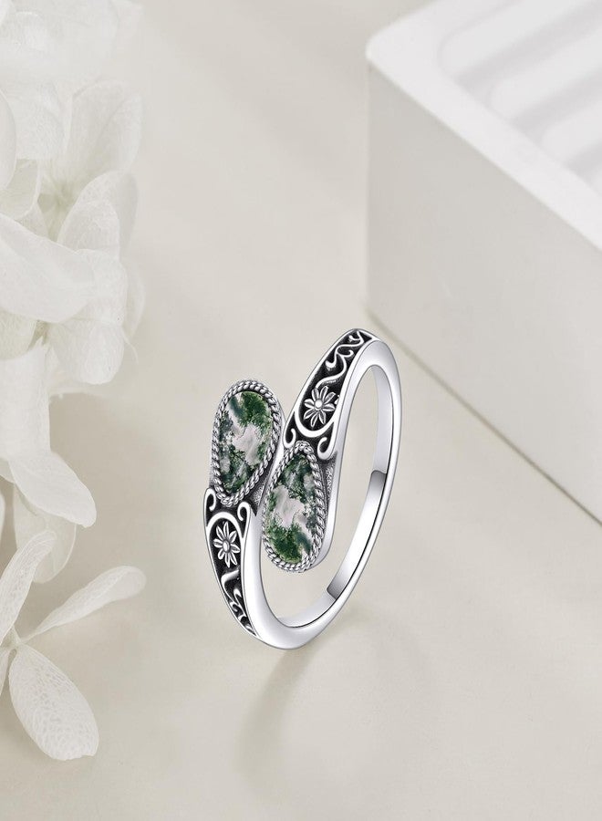 POPLYKE Sterling Silver Moss Agate Filigree Spoon Ring Vintage Thumb Rings Boho Adjustable Open Ring Statement Jewelry Gifts for Women - Image 2