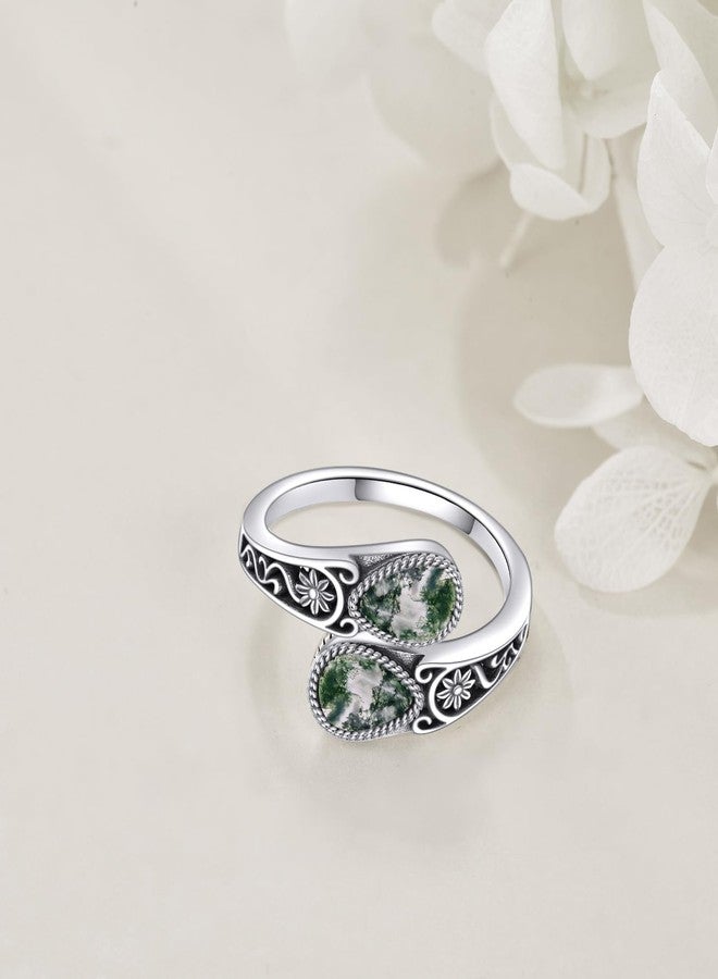 POPLYKE Sterling Silver Moss Agate Filigree Spoon Ring Vintage Thumb Rings Boho Adjustable Open Ring Statement Jewelry Gifts for Women - Image 3
