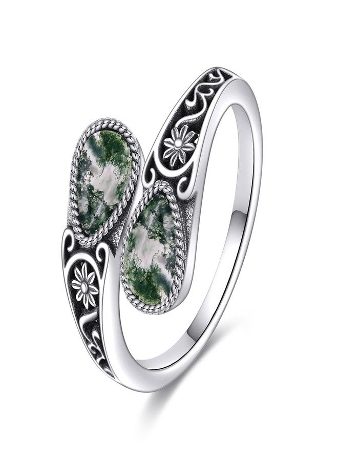POPLYKE Sterling Silver Moss Agate Filigree Spoon Ring Vintage Thumb Rings Boho Adjustable Open Ring Statement Jewelry Gifts for Women - Image 1