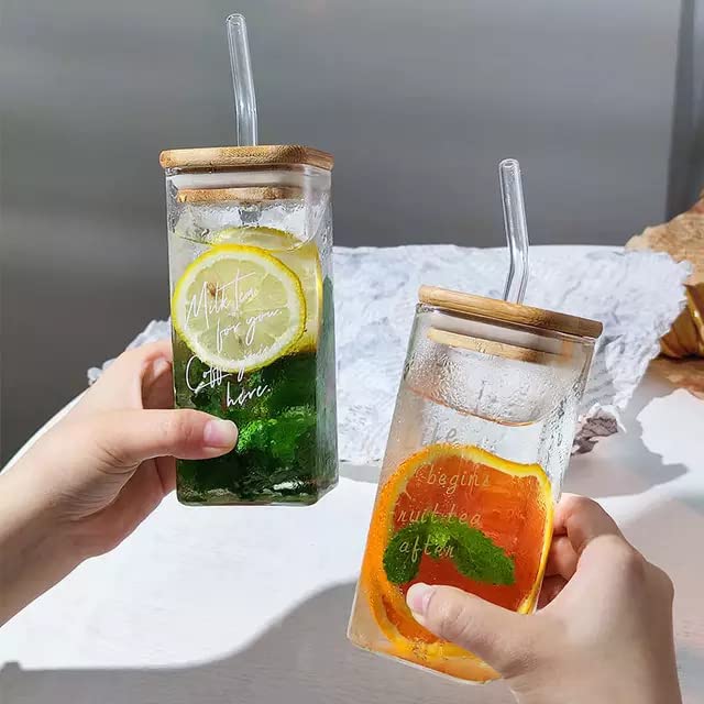 kunya Random Printed Square Glass Mason Sipper with Airtight Bamboo Lid and Glass Straw Beer Can Glasses Tumbler for Fruit Juice Milk Soda Iced Tea Coffee Hot Cold Mug 350ml Pack of 1 - Image 3