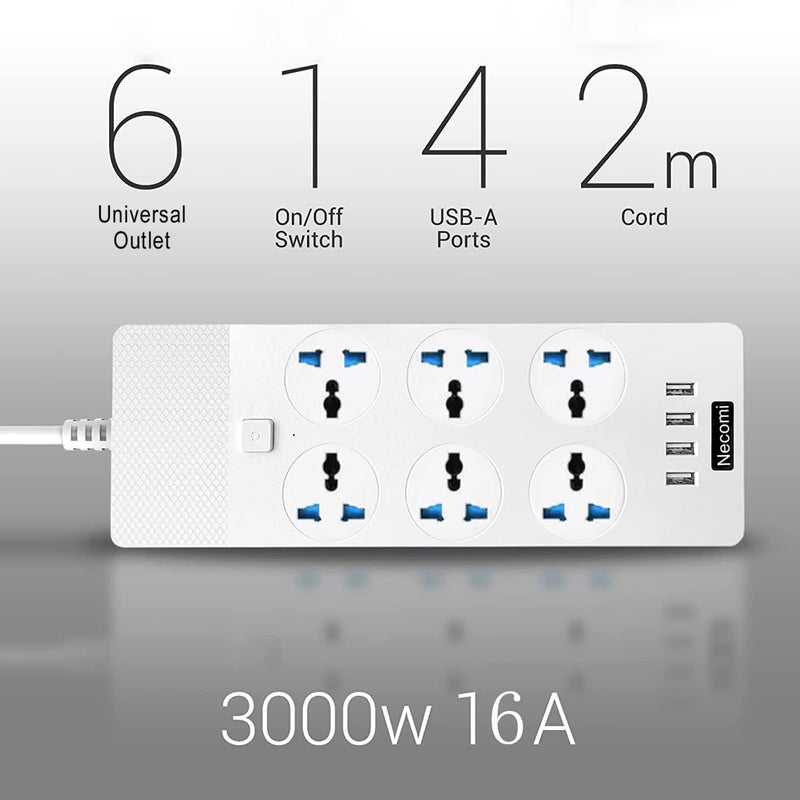 Necomi Power Strips Extension Lead Outlets with 4 (3.1A) USB Hub, 6 Gang Electrical Sockets & Built-in Fuse, Surge & Shutter Protector 2M/6.5FT Wall Mount Extension Cable for Home Office (White) - Image 4