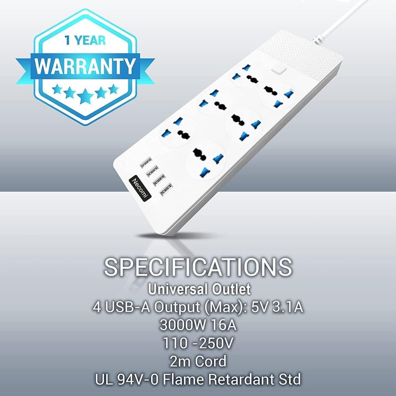 Necomi Power Strips Extension Lead Outlets with 4 (3.1A) USB Hub, 6 Gang Electrical Sockets & Built-in Fuse, Surge & Shutter Protector 2M/6.5FT Wall Mount Extension Cable for Home Office (White) - Image 5