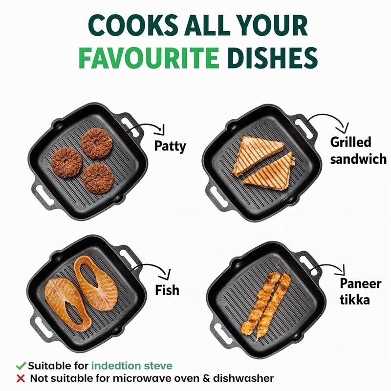 Add2Cart Black 100 Pure ToxinFree No Chemical Coating Medium 263 cm105 inch 18Ltr 3kg PreSeasoned Cast Iron Grill Pan with Double Handle That is Induction Friendly - Image 5