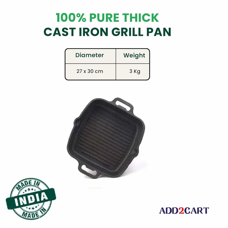 Add2Cart Black 100 Pure ToxinFree No Chemical Coating Medium 263 cm105 inch 18Ltr 3kg PreSeasoned Cast Iron Grill Pan with Double Handle That is Induction Friendly - Image 4