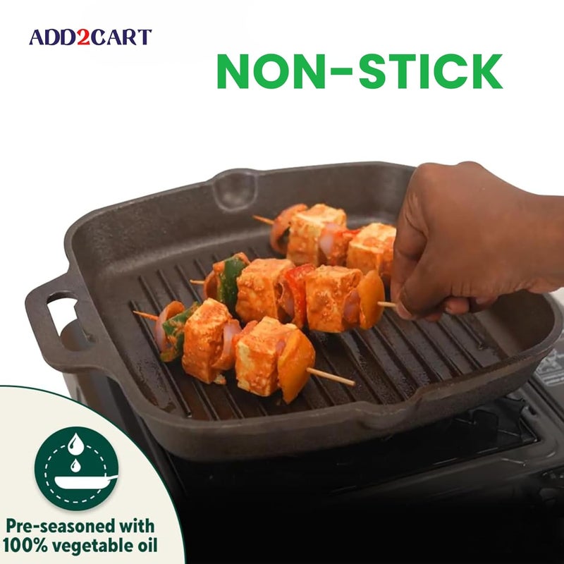 Add2Cart Black 100 Pure ToxinFree No Chemical Coating Medium 263 cm105 inch 18Ltr 3kg PreSeasoned Cast Iron Grill Pan with Double Handle That is Induction Friendly - Image 3