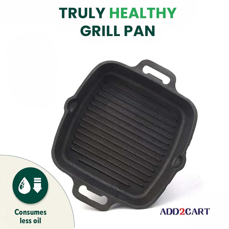 Add2Cart Black 100 Pure ToxinFree No Chemical Coating Medium 263 cm105 inch 18Ltr 3kg PreSeasoned Cast Iron Grill Pan with Double Handle That is Induction Friendly - Image 2