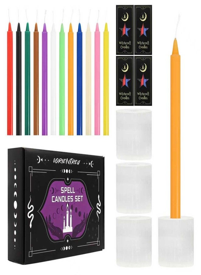 Orientrea 48 Colored Taper Candles with 4 Selenite Candle Holders, 6.3" Height & 0.5" Diameter- Witchcraft Candle Set for Rituals, Spell, Meditation, Energy Healing, Wicca & Witchy Decor - Image 1