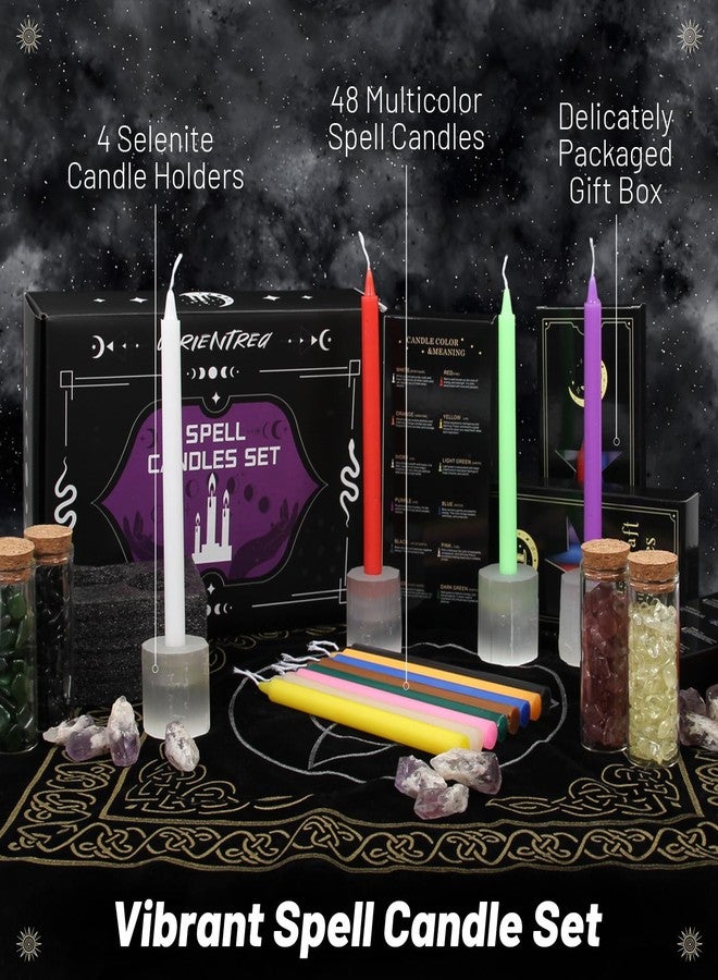 Orientrea 48 Colored Taper Candles with 4 Selenite Candle Holders, 6.3" Height & 0.5" Diameter- Witchcraft Candle Set for Rituals, Spell, Meditation, Energy Healing, Wicca & Witchy Decor - Image 5