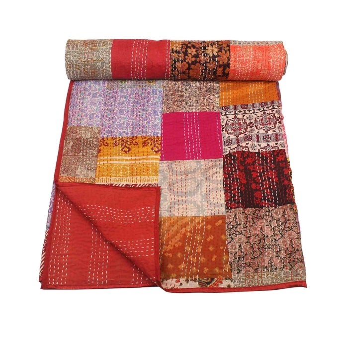 HANDICRAFT SILK KANTHA QUILT KANTHA BED COVER HANDMADE KANTHA BEDSPREAD KANTHA BLANKET THROW09 QUEEN 90X108 INCHES DOUBLE BED