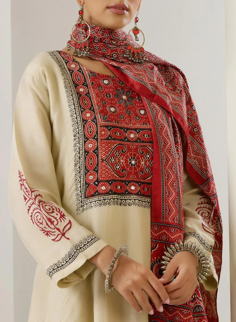 ISHIN Women's White 100% Cotton Printed Anarkali Kurta Set