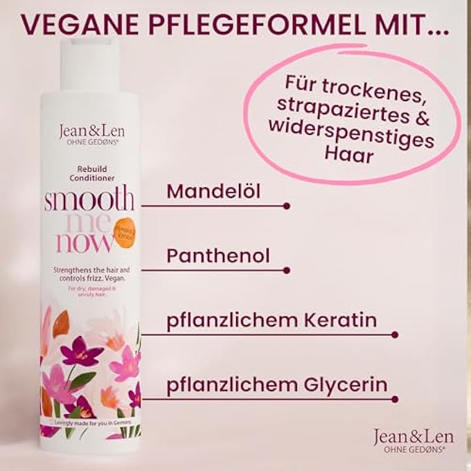 Jean & Len CONDITIONER RESTORATIVE ALMOND & KERATIN, FOR STRUCTURE-DAMAGED HAIR, TAMES FRIZZ AND GIVES SHINE, HAIR CONDITIONER WITH VEGETABLE KERATIN, PARABENS & SILICONES, VEGAN, 300 ML - Image 3