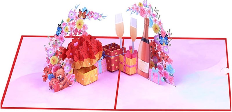 Valentines Day and Anniversary Card 3D Wine Glass and Blooms Greeting Foldable Invitation with Envelope Wife Birthday - Image 3