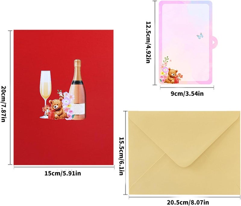 Valentines Day and Anniversary Card 3D Wine Glass and Blooms Greeting Foldable Invitation with Envelope Wife Birthday - Image 5