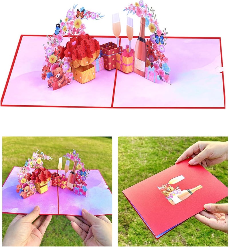 Valentines Day and Anniversary Card 3D Wine Glass and Blooms Greeting Foldable Invitation with Envelope Wife Birthday - Image 2
