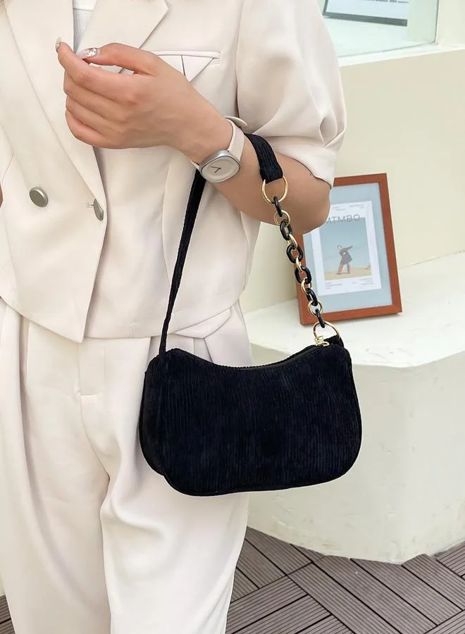 Take Two Black Corduroy Shoulder Bag with Chain Detail