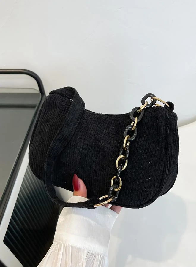 Take Two Black Corduroy Shoulder Bag with Chain Detail