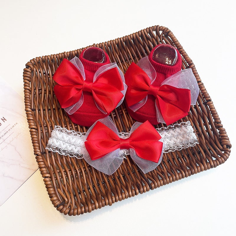 Generic Cute Newborn Socks and Headband Set Cartoon Korean Style Baby Accessories (Red) ribbon bow 