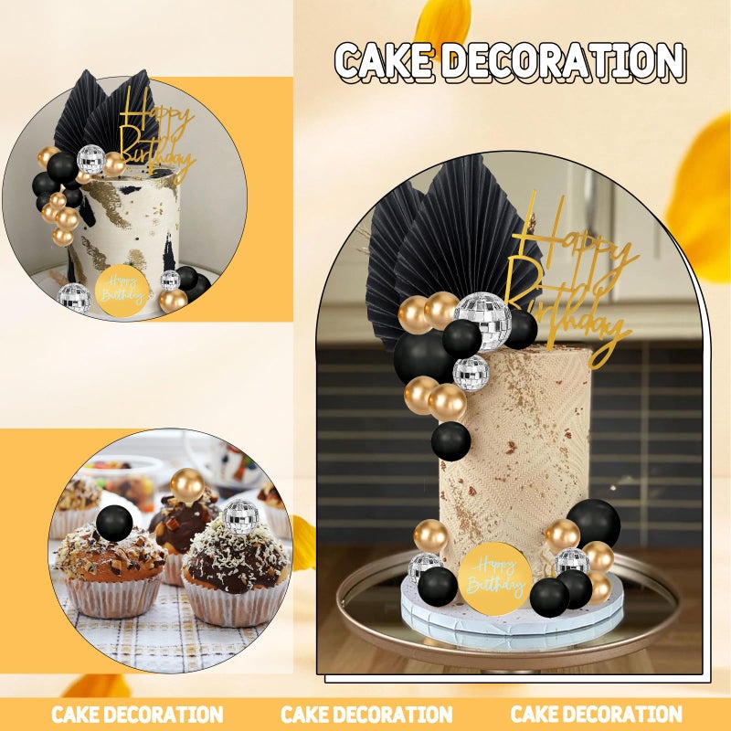MEMOVAN 25pcs Man Cake Topper Disco Ball Cake Topper Black & Gold Balls Palm Leaves Black Gold Boho Cake Decorations for Man Boy Bohemian Black Theme Wedding Baby Shower Birthday Party - Image 4