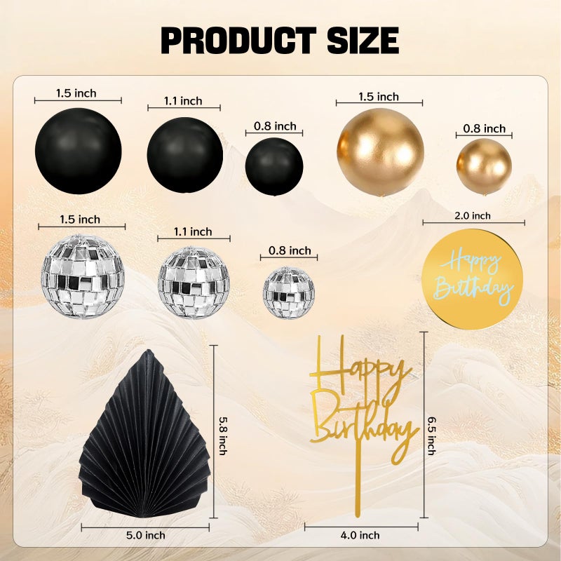 MEMOVAN 25pcs Man Cake Topper Disco Ball Cake Topper Black & Gold Balls Palm Leaves Black Gold Boho Cake Decorations for Man Boy Bohemian Black Theme Wedding Baby Shower Birthday Party - Image 2