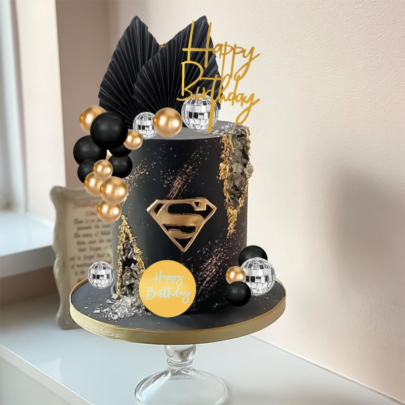 MEMOVAN 25pcs Man Cake Topper Disco Ball Cake Topper Black & Gold Balls Palm Leaves Black Gold Boho Cake Decorations for Man Boy Bohemian Black Theme Wedding Baby Shower Birthday Party - Image 3