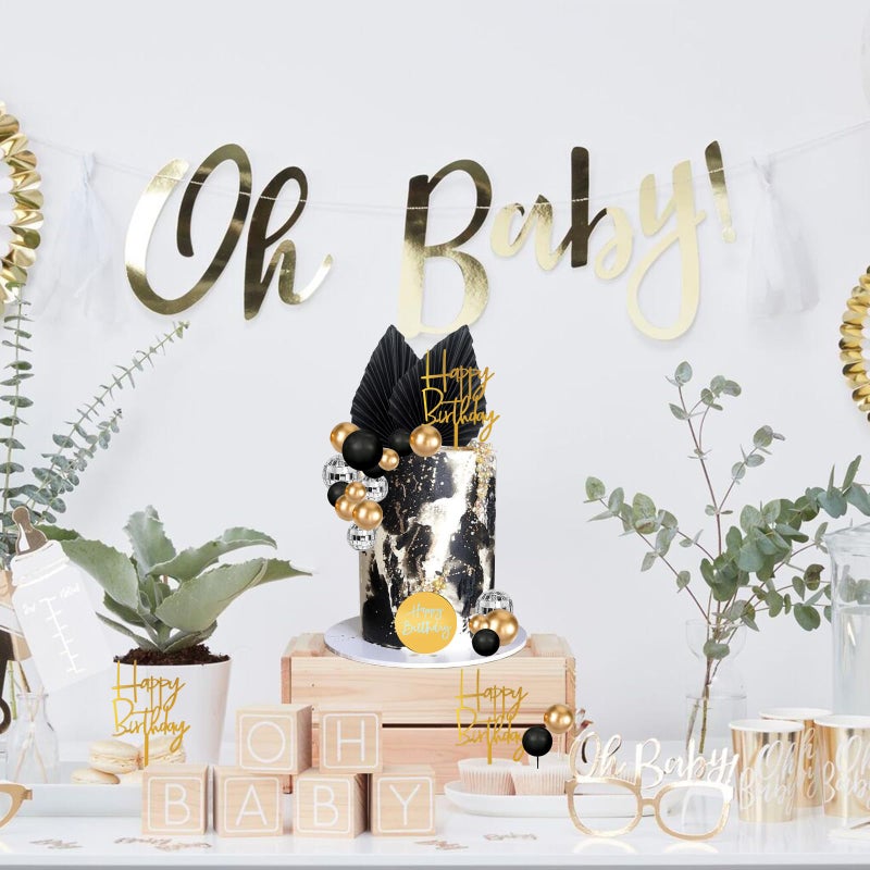 MEMOVAN 25pcs Man Cake Topper Disco Ball Cake Topper Black & Gold Balls Palm Leaves Black Gold Boho Cake Decorations for Man Boy Bohemian Black Theme Wedding Baby Shower Birthday Party - Image 5