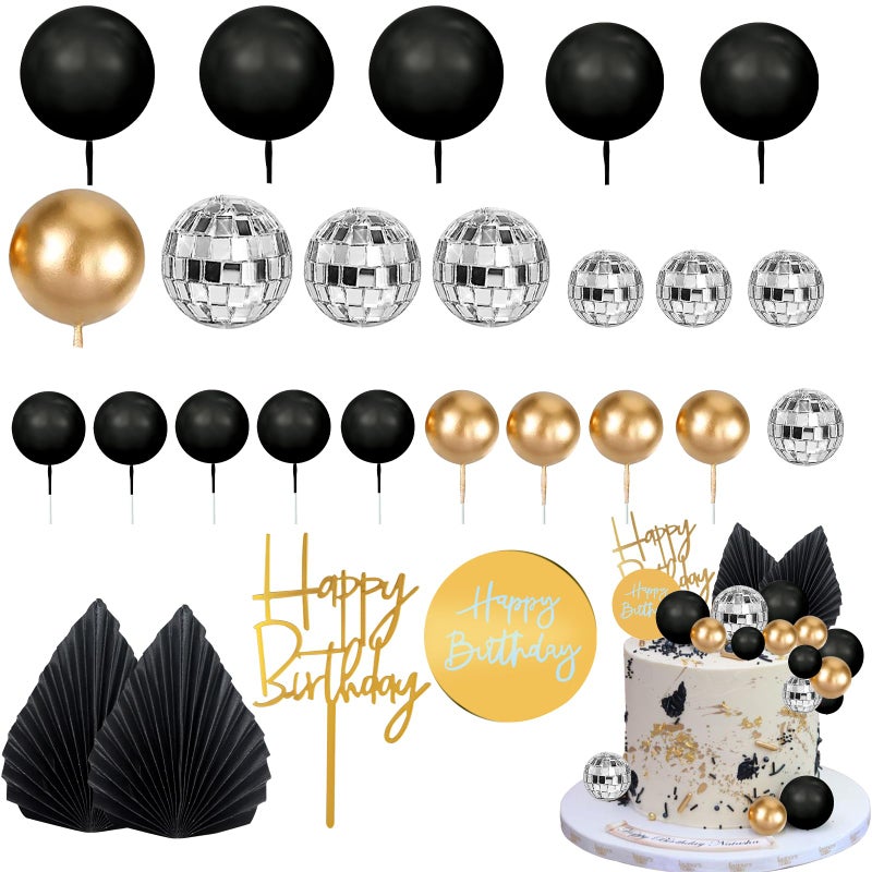 MEMOVAN 25pcs Man Cake Topper Disco Ball Cake Topper Black & Gold Balls Palm Leaves Black Gold Boho Cake Decorations for Man Boy Bohemian Black Theme Wedding Baby Shower Birthday Party - Image 1