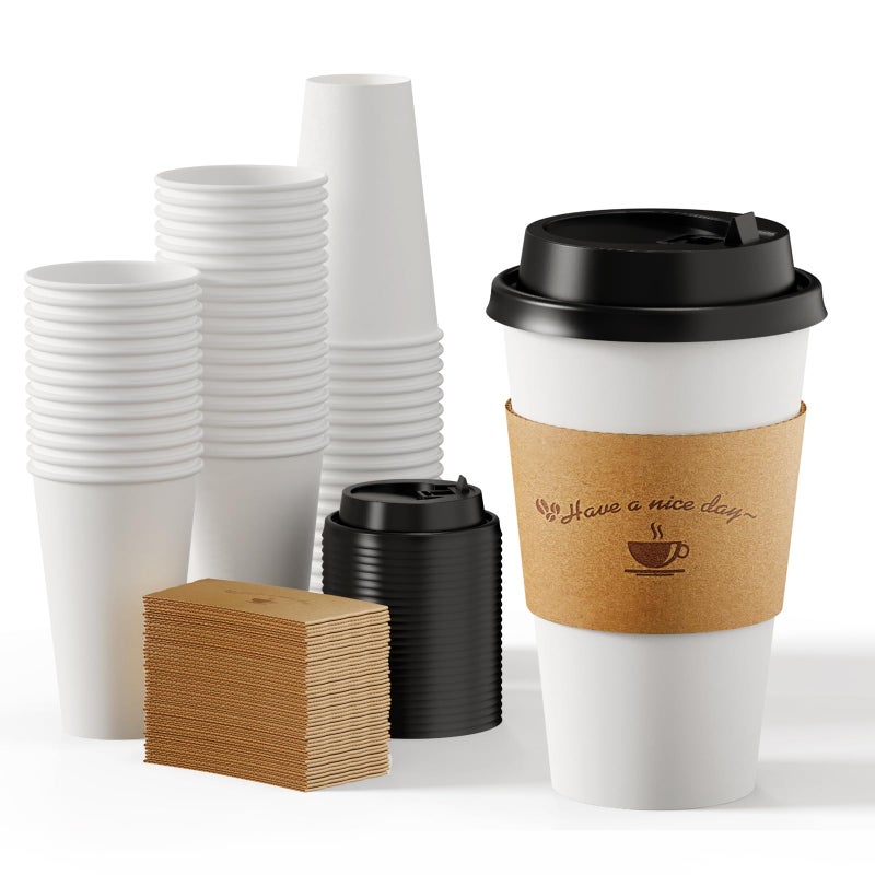 LITOPAK 100 Pack Disposable Coffee Cups with Lids and Kraft Sleeves  16 oz White Coffee Cups for Hot Drinks - Image 1