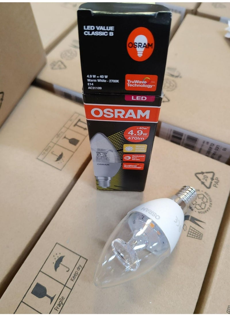 Osram - Osram E14 Bulb LED Value Classic B Clear 4.9 W Warm White Candle Lamp  - 2700K Pack Of 6 - Image 1