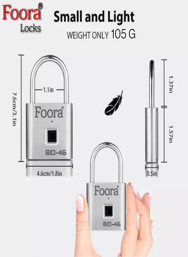 Foora Bio-46 Smart Lock Fingerprint Biometric Pad Lock 10 Fingerprint User with 2 Admin Waterproof (Silver Finish) (Fingerprint Biometric Padlock) - Image 2