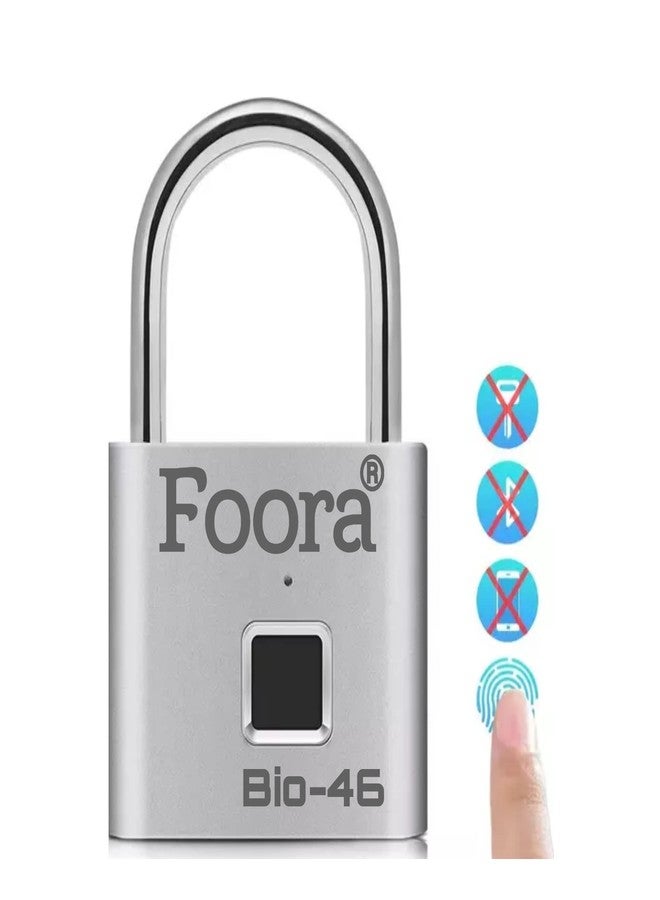 Foora Bio-46 Smart Lock Fingerprint Biometric Pad Lock 10 Fingerprint User with 2 Admin Waterproof (Silver Finish) (Fingerprint Biometric Padlock) - Image 1