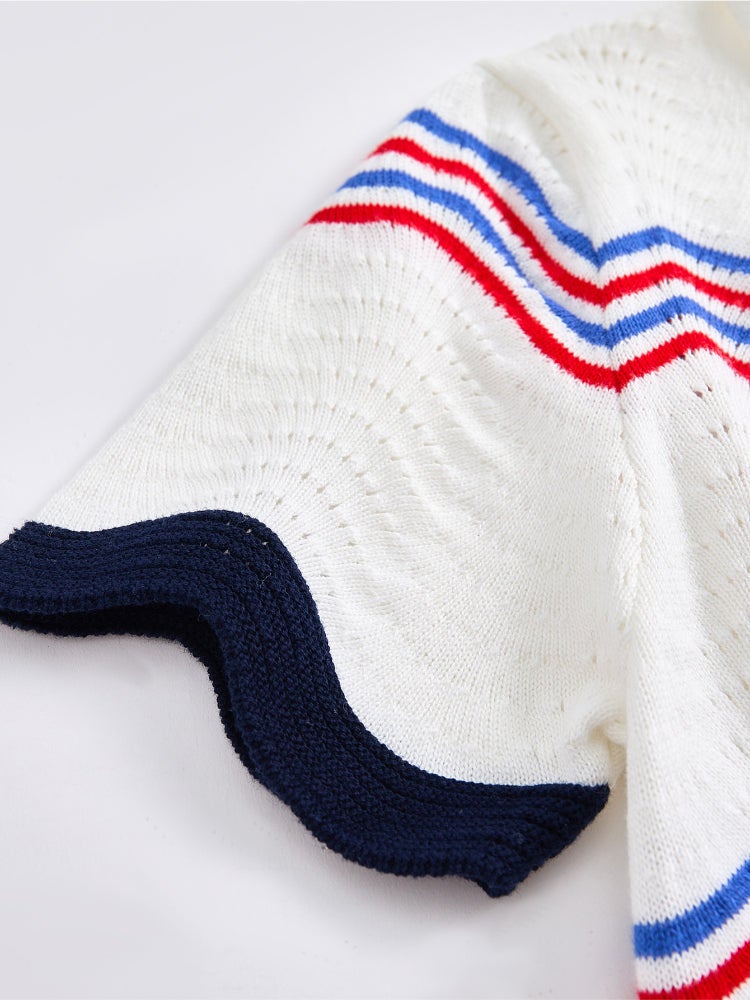 بالابالا فستان محبوك بأكمام قصيرة - خامة منقوشة مع تفاصيل خطوط ملونة وأزرار أمامية عند الرقبة للبنات - Image 5