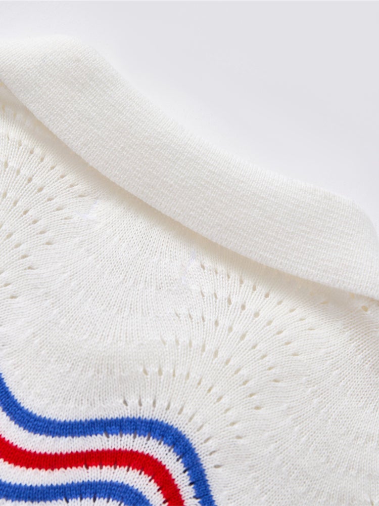 بالابالا فستان محبوك بأكمام قصيرة - خامة منقوشة مع تفاصيل خطوط ملونة وأزرار أمامية عند الرقبة للبنات - Image 4