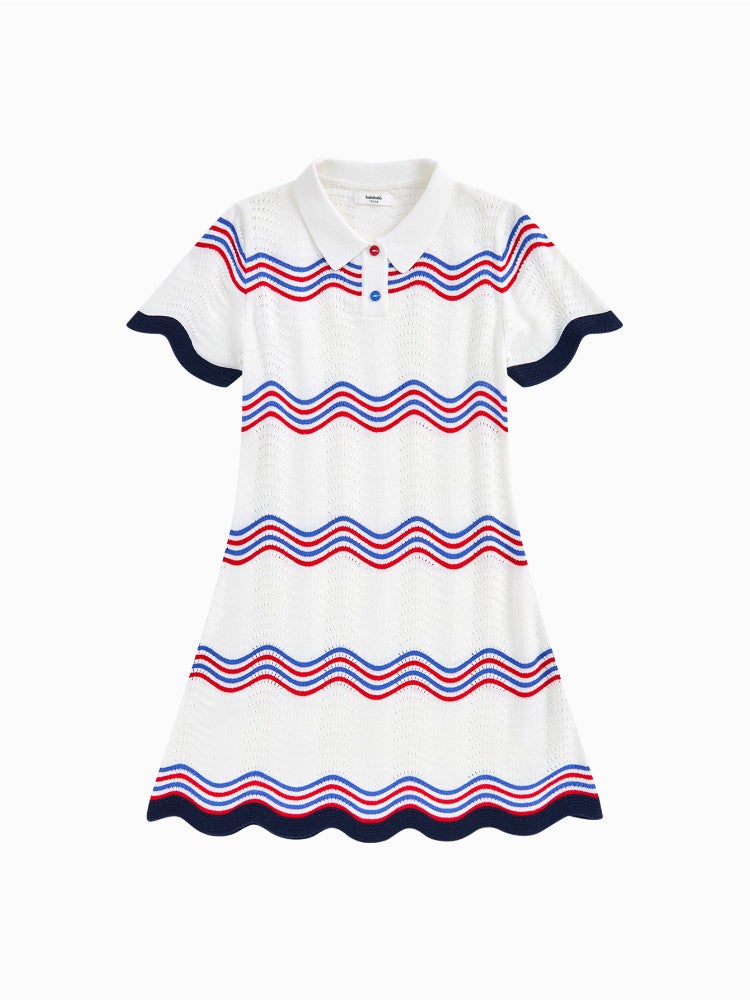 بالابالا فستان محبوك بأكمام قصيرة - خامة منقوشة مع تفاصيل خطوط ملونة وأزرار أمامية عند الرقبة للبنات - Image 1