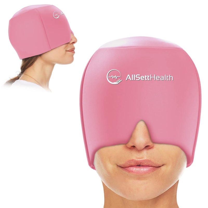 AllSett Health غطاء تخفيف الصداع النصفي بارد رأس مع قناع للوجه والعين لتخفيف الصداع النصفي | تخفيف الصداع مع حزمة جليدية ساخنة/باردة، وردي - Image 1