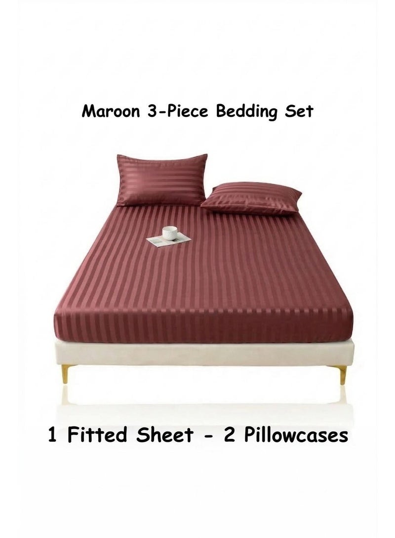 VIEW STAR 3-Piece Striped Fitted Maroon Bed Sheet Set with 2 Pillowcases, Soft Breathable Bedding - Image 2