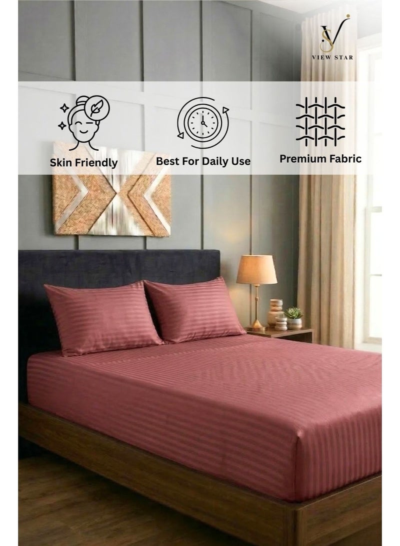 VIEW STAR 3-Piece Striped Fitted Maroon Bed Sheet Set with 2 Pillowcases, Soft Breathable Bedding - Image 5