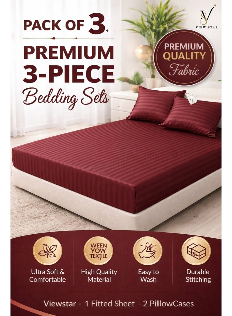 VIEW STAR 3-Piece Striped Fitted Maroon Bed Sheet Set with 2 Pillowcases, Soft Breathable Bedding - Image 1