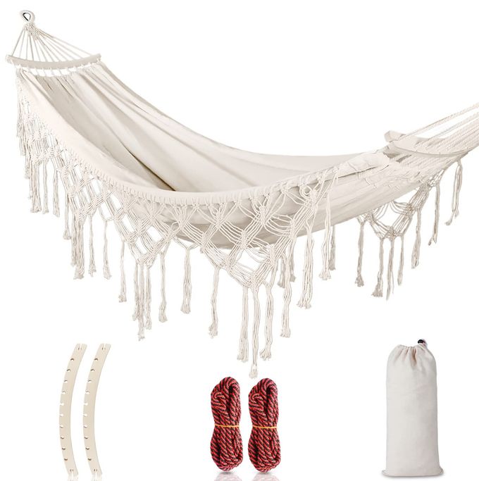 MOSFiATA Backyard Hammock with Tassels Max 500lbs Canvas Fabric Bohemian Style with Thickened Rope and Carry Bag for Outdoor Garden Patio Wedding Decor White