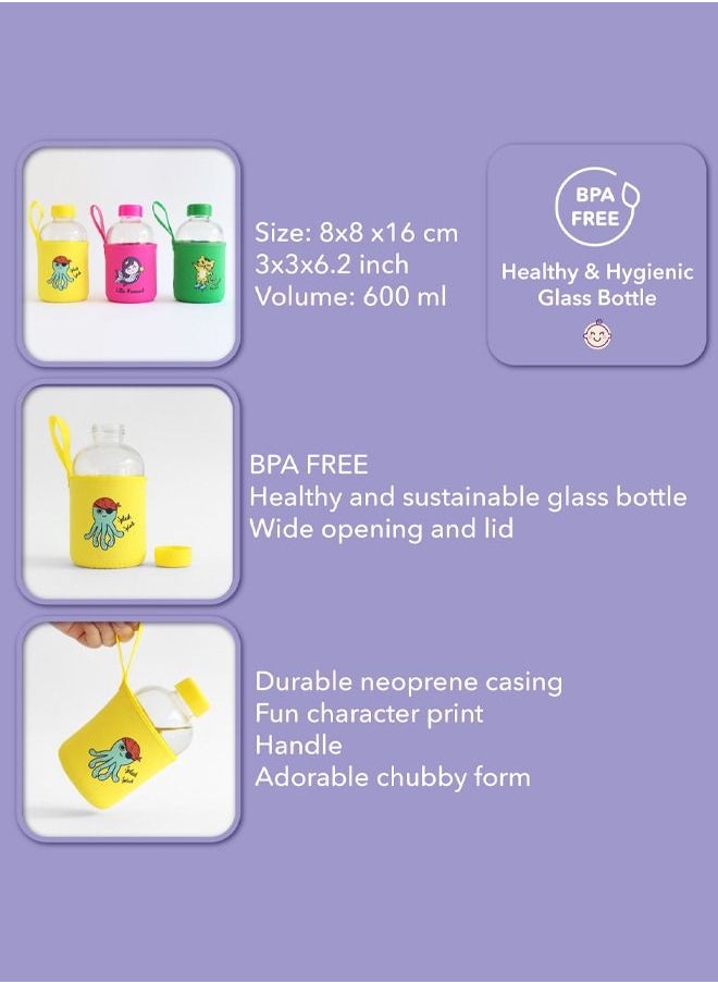 Kids Glass Water Bottle with Neoprene Sleeve 600ml, Sailor Octopus Design, Leak Proof Spill Proof BPA Free Water Bottles, Ideal for School, Toddlers
