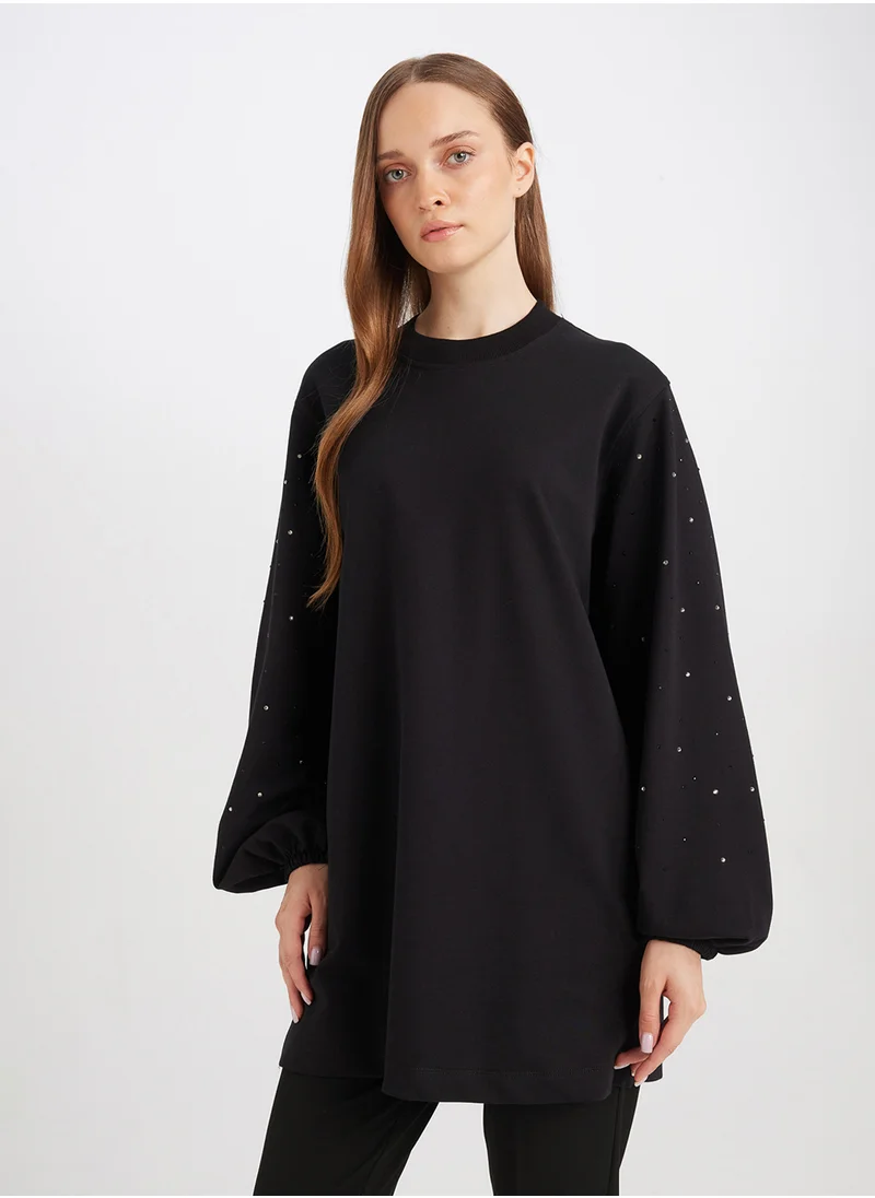 DeFacto Regular Fit Black Crew Neck Balloon Sleeve Long Tunic With Stone Detail