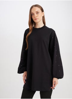 DeFacto Regular Fit Black Crew Neck Balloon Sleeve Long Tunic With Stone Detail  - Image 1