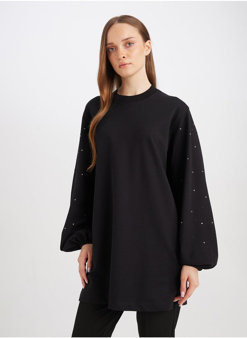 DeFacto Regular Fit Black Crew Neck Balloon Sleeve Long Tunic With Stone Detail  - Image 1