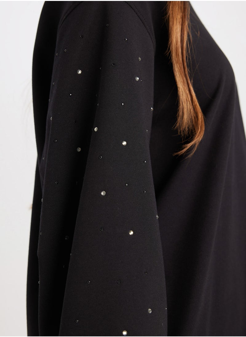 DeFacto Regular Fit Black Crew Neck Balloon Sleeve Long Tunic With Stone Detail  - Image 2