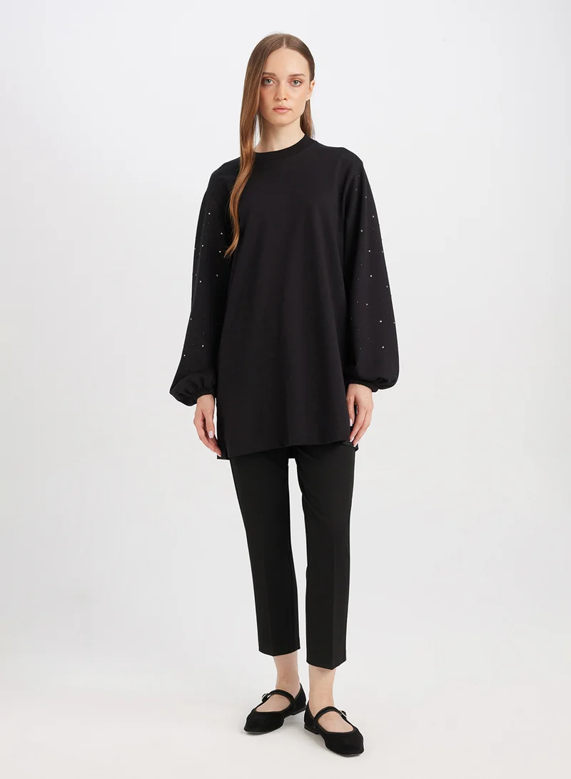 DeFacto Regular Fit Black Crew Neck Balloon Sleeve Long Tunic With Stone Detail